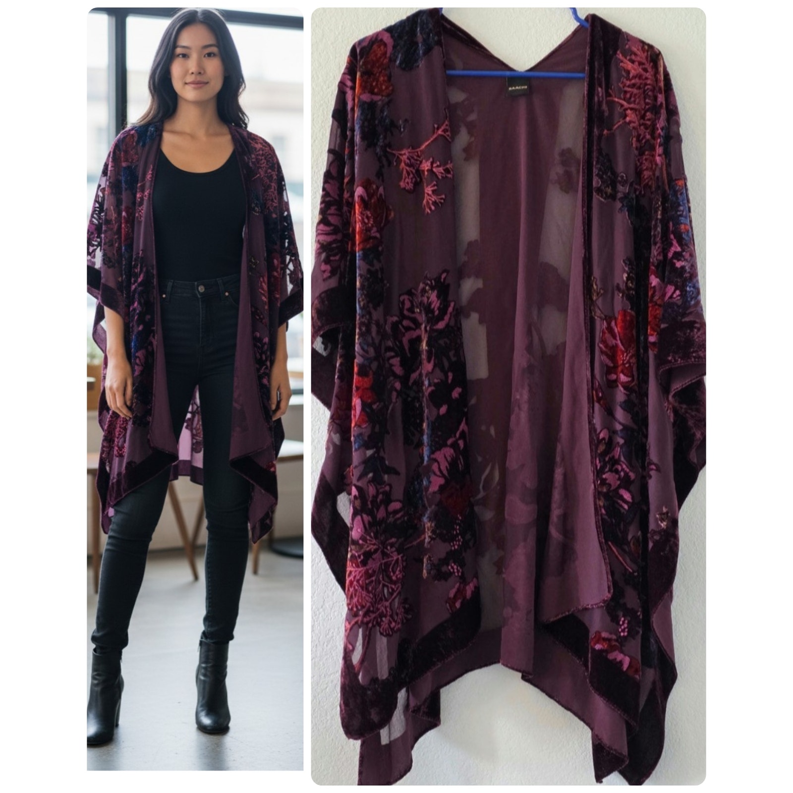 Saachi Burgundy Chiffon With Velvet Flowers One Size Open Cardigan